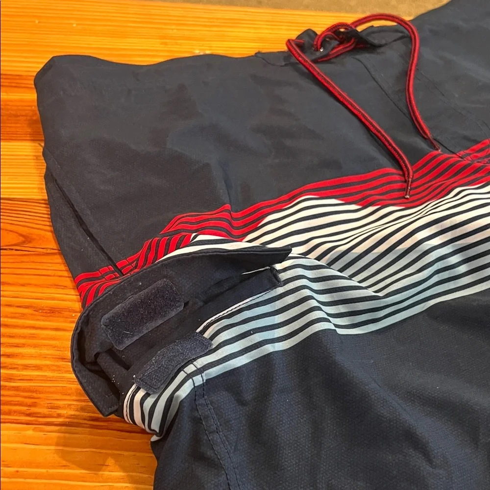 Men's Navy Stripe Swim Trunks with Red Accent